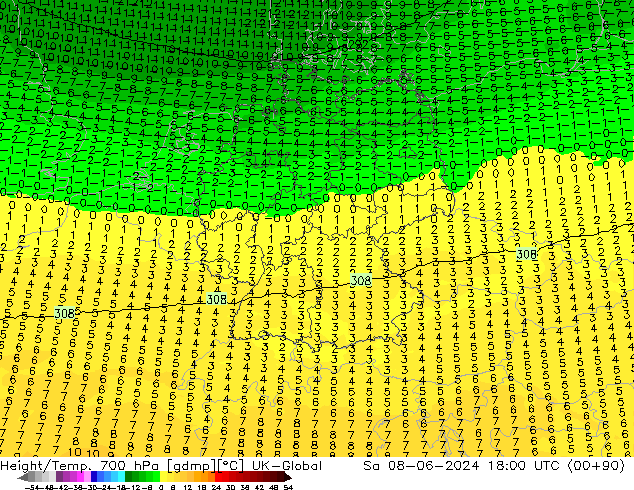 Hoogte/Temp. 700 hPa UK-Global za 08.06.2024 18 UTC