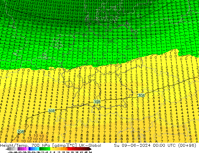 Height/Temp. 700 hPa UK-Global Dom 09.06.2024 00 UTC