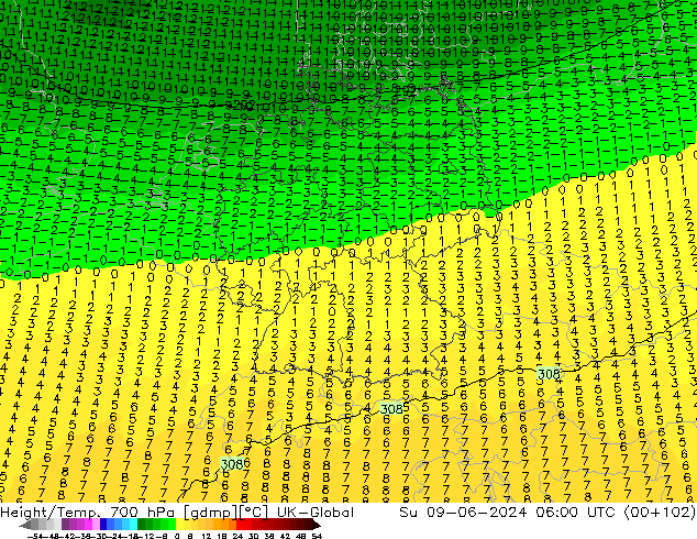 Height/Temp. 700 hPa UK-Global Dom 09.06.2024 06 UTC