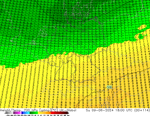 Hoogte/Temp. 700 hPa UK-Global zo 09.06.2024 18 UTC