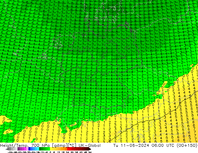 Height/Temp. 700 hPa UK-Global wto. 11.06.2024 06 UTC