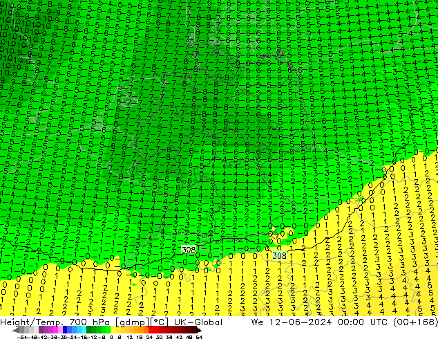 Height/Temp. 700 hPa UK-Global Qua 12.06.2024 00 UTC