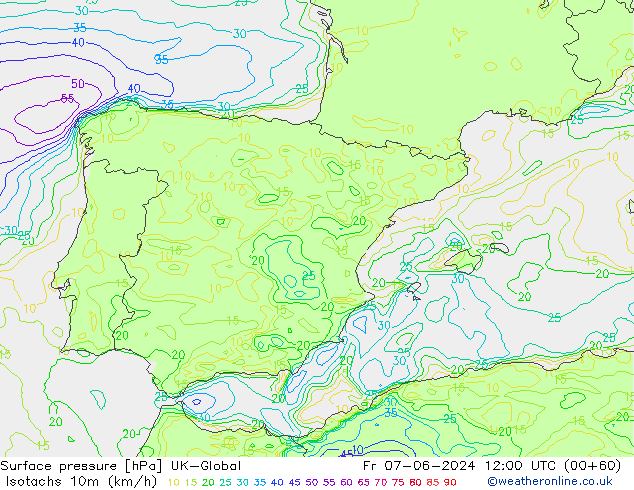 Izotacha (km/godz) UK-Global pt. 07.06.2024 12 UTC