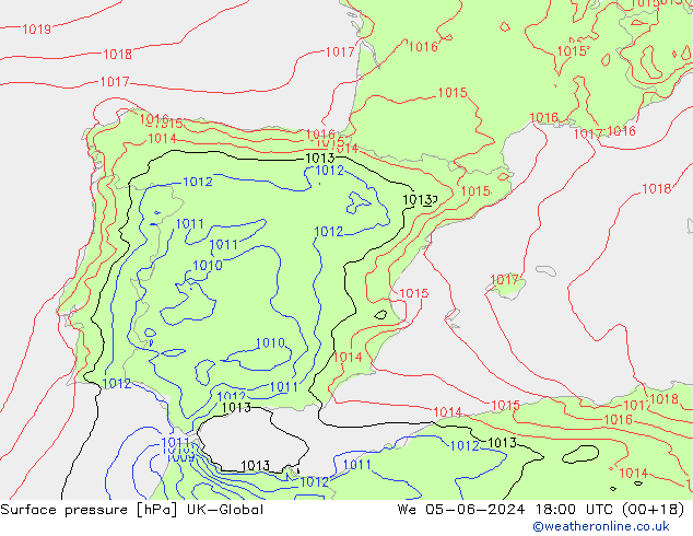 Pressione al suolo UK-Global mer 05.06.2024 18 UTC