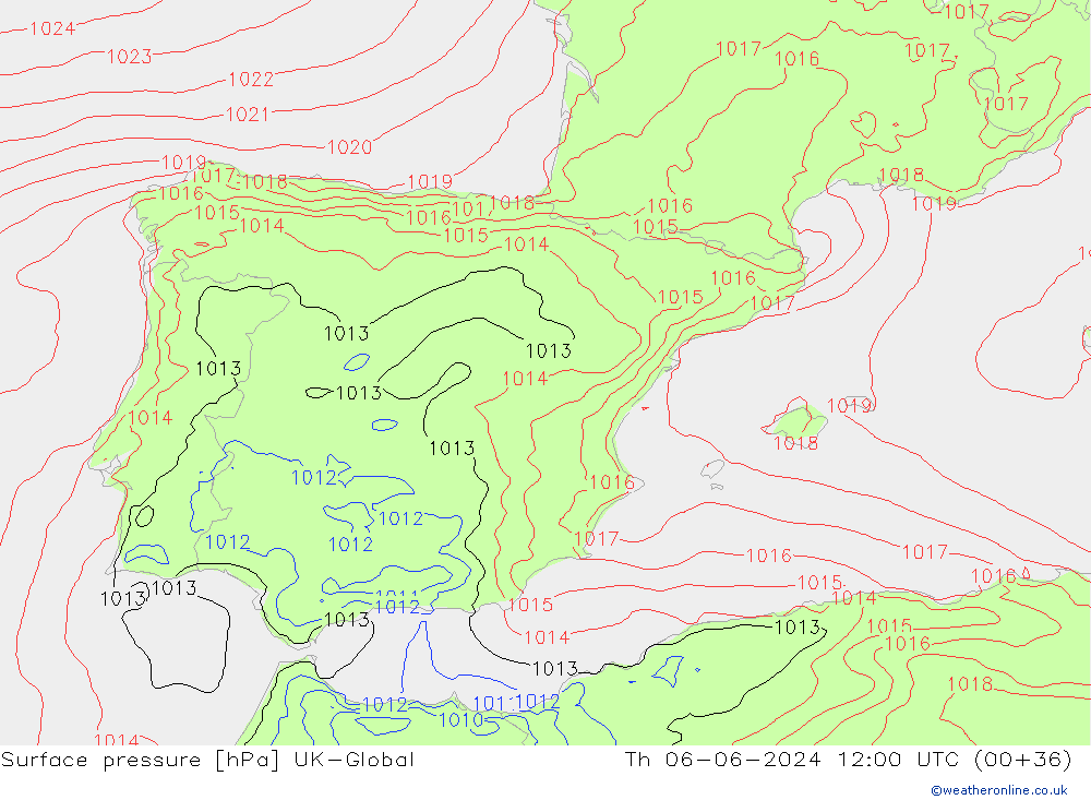 Presión superficial UK-Global jue 06.06.2024 12 UTC