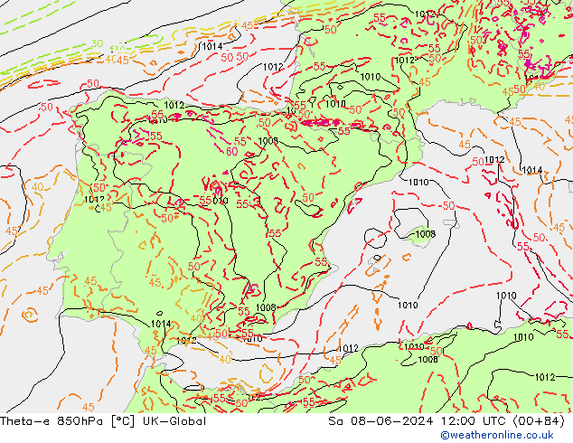 Theta-e 850hPa UK-Global so. 08.06.2024 12 UTC