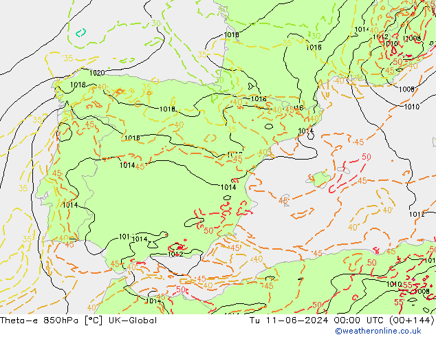 Theta-e 850hPa UK-Global mar 11.06.2024 00 UTC