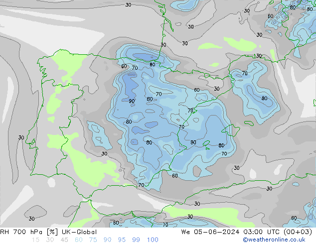 Humidité rel. 700 hPa UK-Global mer 05.06.2024 03 UTC