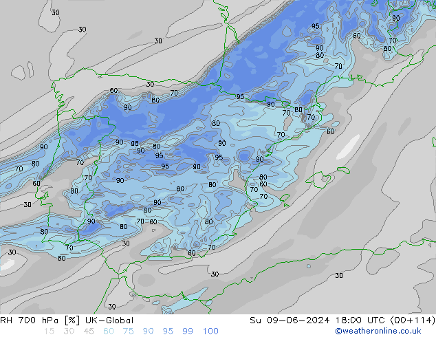 RH 700 гПа UK-Global Вс 09.06.2024 18 UTC