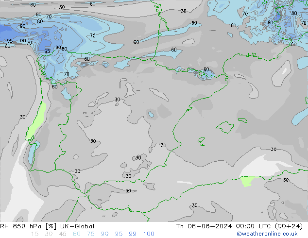 RH 850 hPa UK-Global czw. 06.06.2024 00 UTC