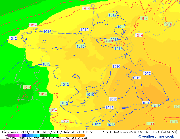 Thck 700-1000 hPa UK-Global  08.06.2024 06 UTC