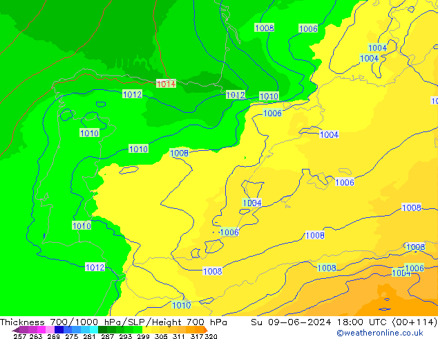 Thck 700-1000 hPa UK-Global Su 09.06.2024 18 UTC