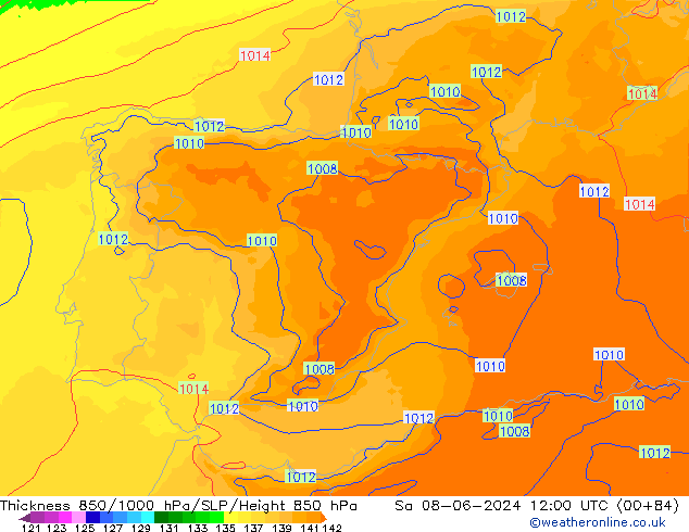 Thck 850-1000 гПа UK-Global сб 08.06.2024 12 UTC