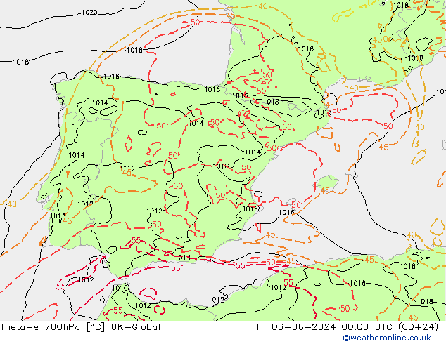 Theta-e 700hPa UK-Global Per 06.06.2024 00 UTC