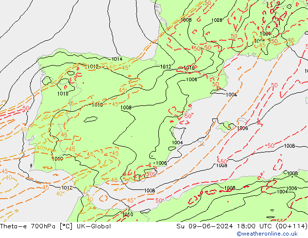 Theta-e 700hPa UK-Global Su 09.06.2024 18 UTC
