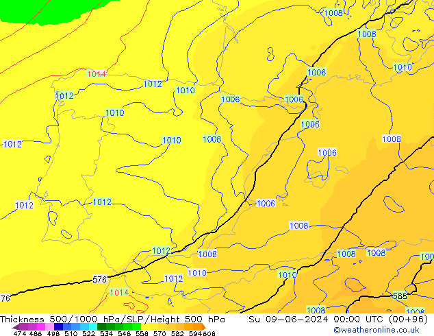 Thck 500-1000hPa UK-Global Dom 09.06.2024 00 UTC