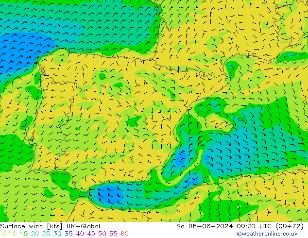 Wind 10 m UK-Global za 08.06.2024 00 UTC