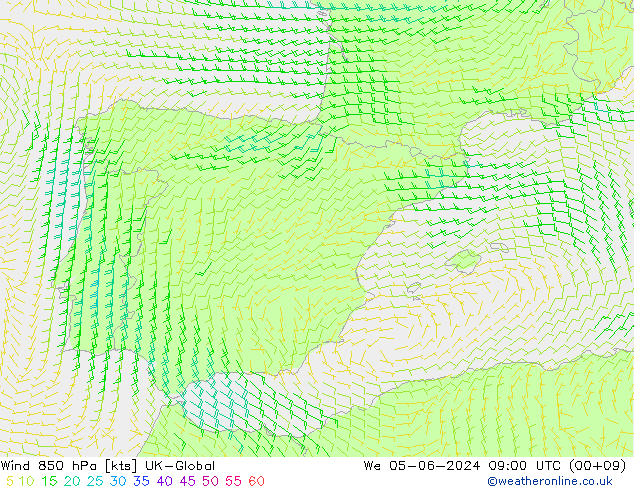 Wind 850 hPa UK-Global We 05.06.2024 09 UTC