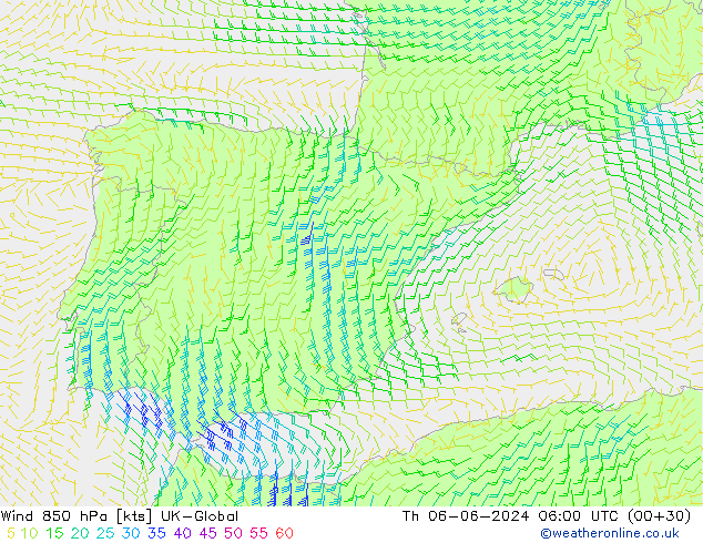 wiatr 850 hPa UK-Global czw. 06.06.2024 06 UTC