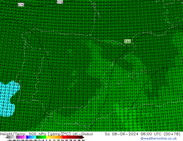 Height/Temp. 500 гПа UK-Global сб 08.06.2024 06 UTC