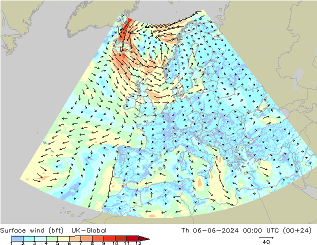 Surface wind (bft) UK-Global Čt 06.06.2024 00 UTC