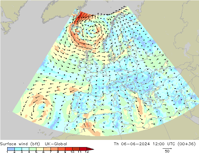 Surface wind (bft) UK-Global Th 06.06.2024 12 UTC