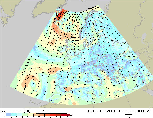 Surface wind (bft) UK-Global Th 06.06.2024 18 UTC