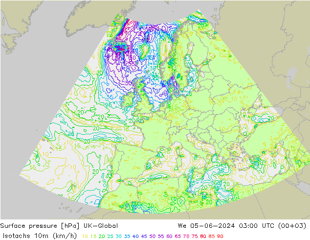 Isotachen (km/h) UK-Global Mi 05.06.2024 03 UTC