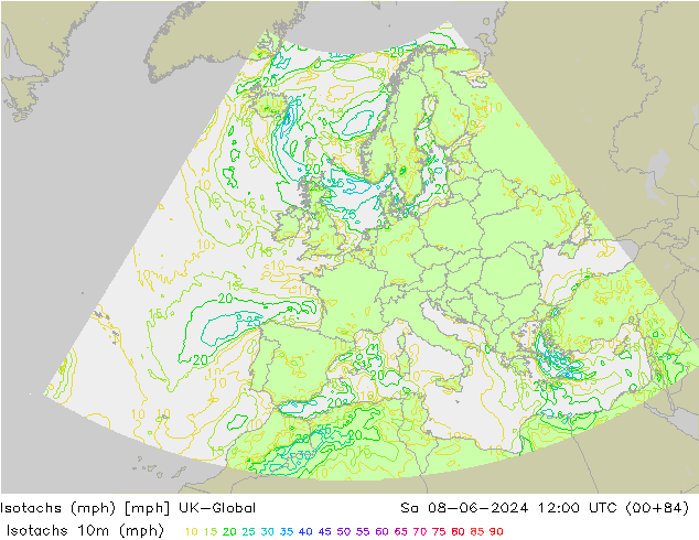 Isotachen (mph) UK-Global Sa 08.06.2024 12 UTC