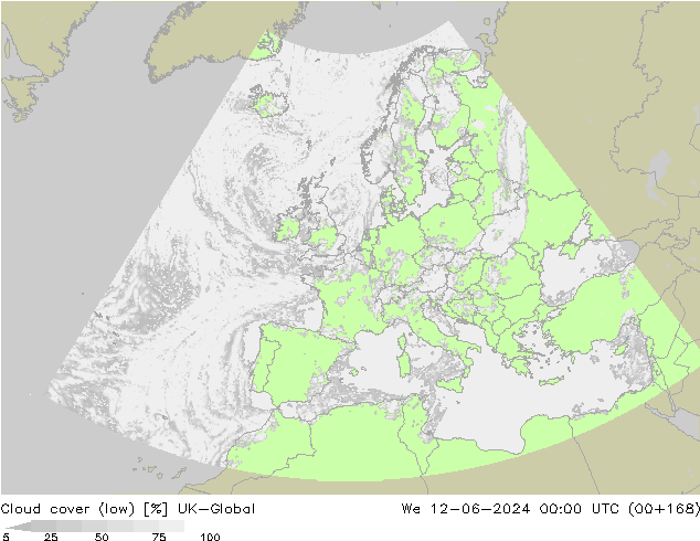 Cloud cover (low) UK-Global We 12.06.2024 00 UTC