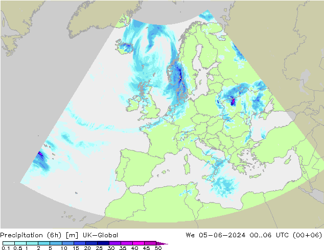 Précipitation (6h) UK-Global mer 05.06.2024 06 UTC