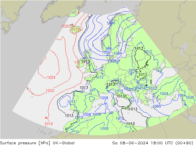 Pressione al suolo UK-Global sab 08.06.2024 18 UTC