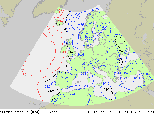 Pressione al suolo UK-Global dom 09.06.2024 12 UTC