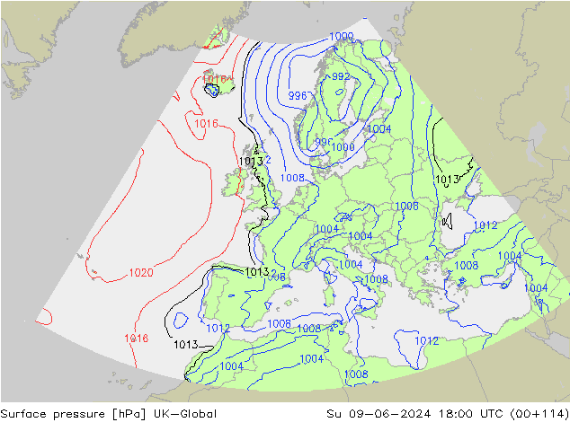 Pressione al suolo UK-Global dom 09.06.2024 18 UTC