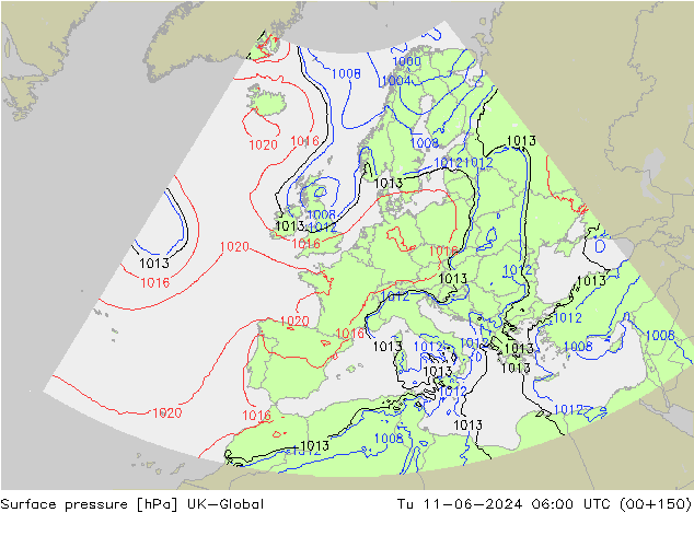 Surface pressure UK-Global Tu 11.06.2024 06 UTC