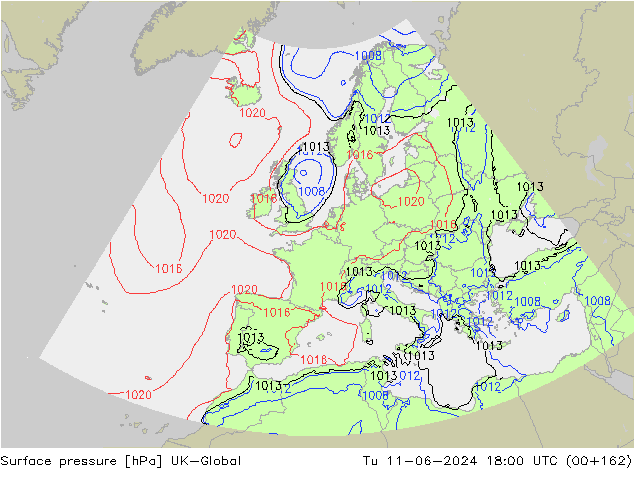 Surface pressure UK-Global Tu 11.06.2024 18 UTC
