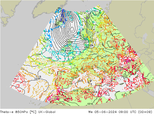 Theta-e 850hPa UK-Global wo 05.06.2024 09 UTC