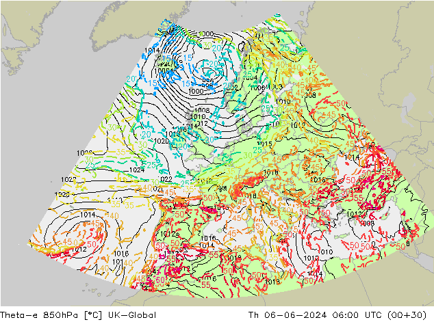 Theta-e 850hPa UK-Global do 06.06.2024 06 UTC