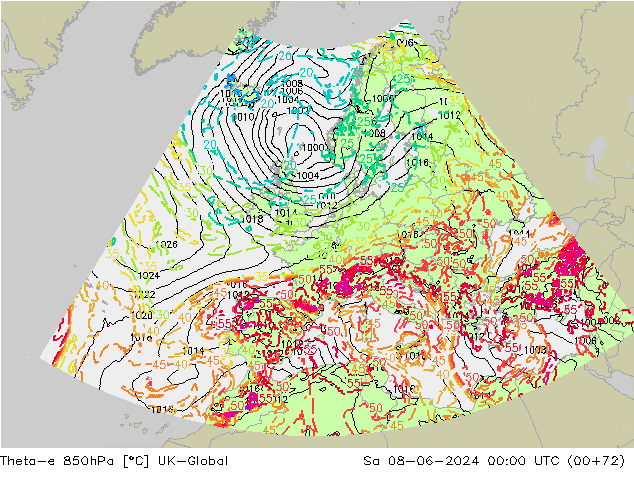 Theta-e 850гПа UK-Global сб 08.06.2024 00 UTC