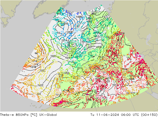 Theta-e 850hPa UK-Global Tu 11.06.2024 06 UTC