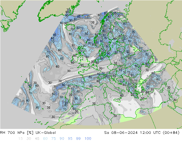 RH 700 гПа UK-Global сб 08.06.2024 12 UTC