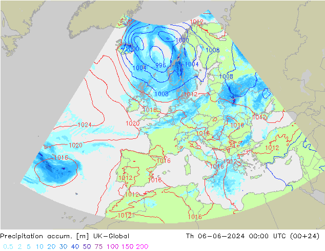 Precipitation accum. UK-Global czw. 06.06.2024 00 UTC