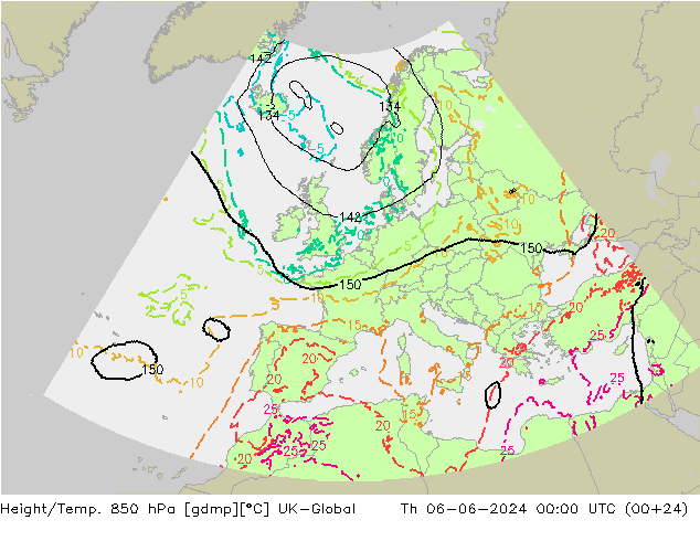 Height/Temp. 850 hPa UK-Global Th 06.06.2024 00 UTC