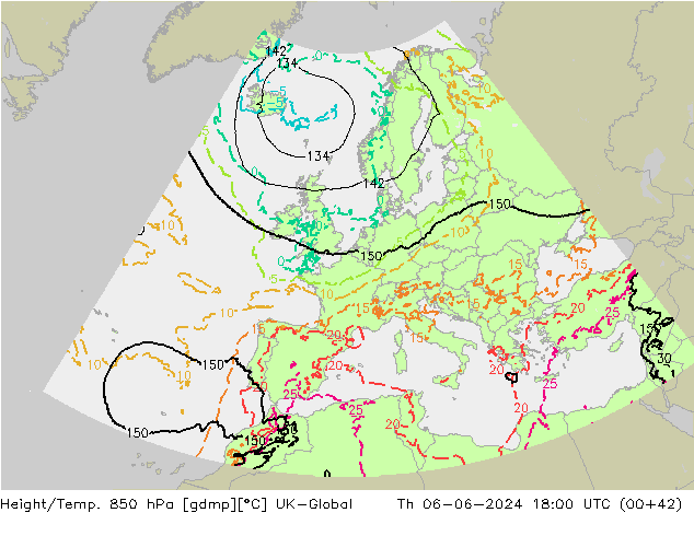Hoogte/Temp. 850 hPa UK-Global do 06.06.2024 18 UTC