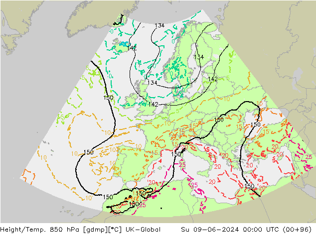 Hoogte/Temp. 850 hPa UK-Global zo 09.06.2024 00 UTC