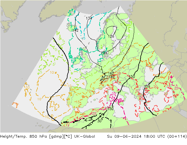 Height/Temp. 850 hPa UK-Global Su 09.06.2024 18 UTC