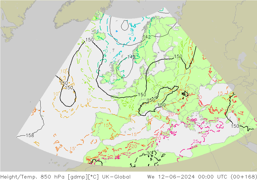 Yükseklik/Sıc. 850 hPa UK-Global Çar 12.06.2024 00 UTC