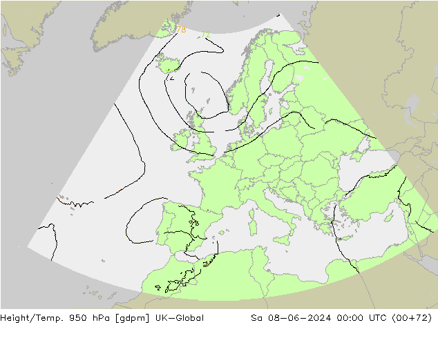Height/Temp. 950 hPa UK-Global sab 08.06.2024 00 UTC
