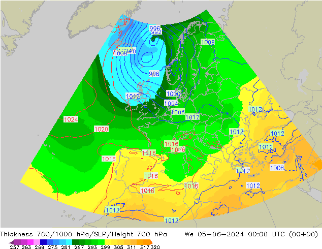 Schichtdicke 700-1000 hPa UK-Global Mi 05.06.2024 00 UTC