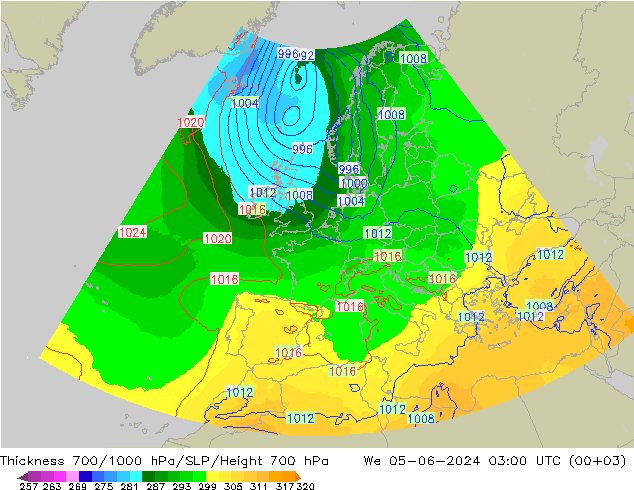 Espesor 700-1000 hPa UK-Global mié 05.06.2024 03 UTC